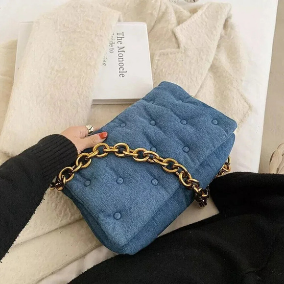 Zara Quilted Padded Blue Denim Shoulder  Bag Purse Chunky Gold Chain Handle - Picture 3 of 13